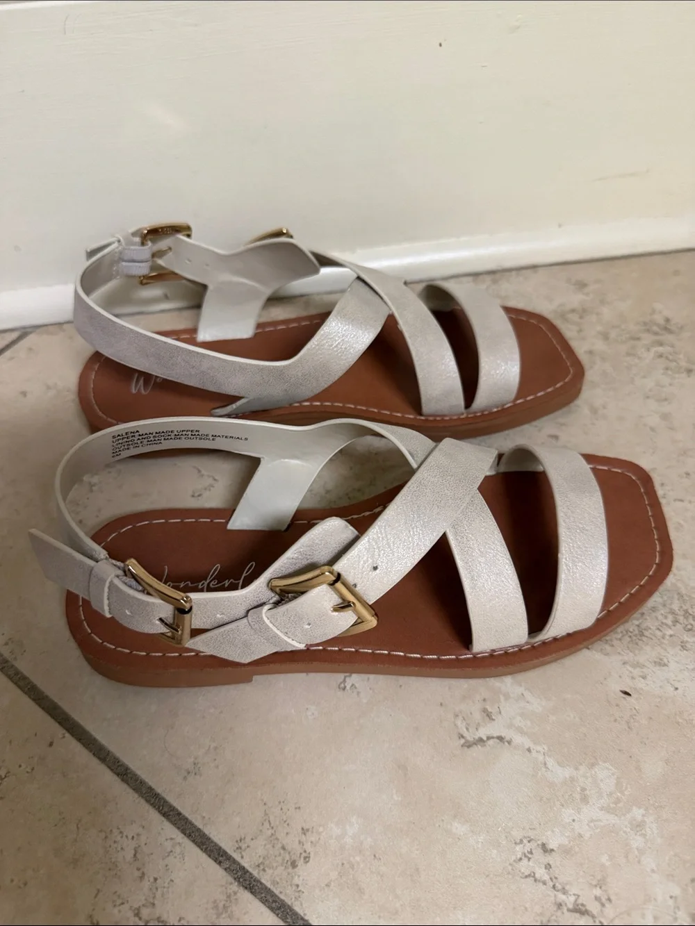 Lena Metallic Cream Crisscross Flat Sandal with Gold Buckles
